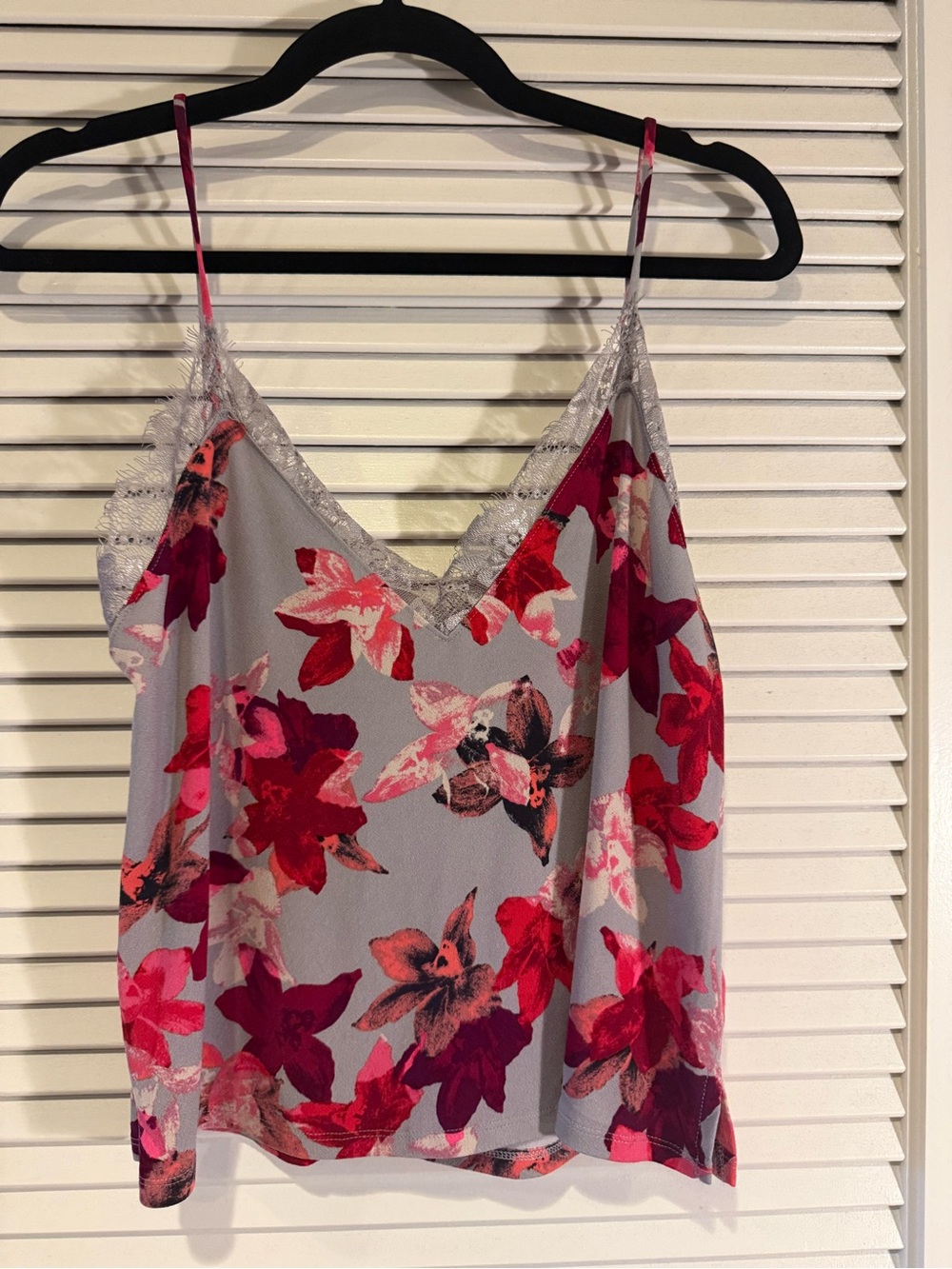 Express Floral Lace Trim V-Neck Cami Top - Gray with Pink & Red Flowers